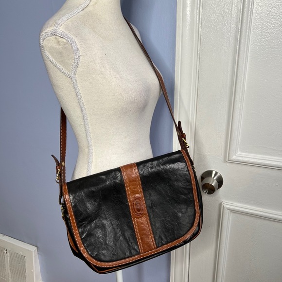 Vintage Pollini Italian Leather Crossbody Bag‎ Purse Classic Brown Black 12x7x4 - Picture 2 of 15